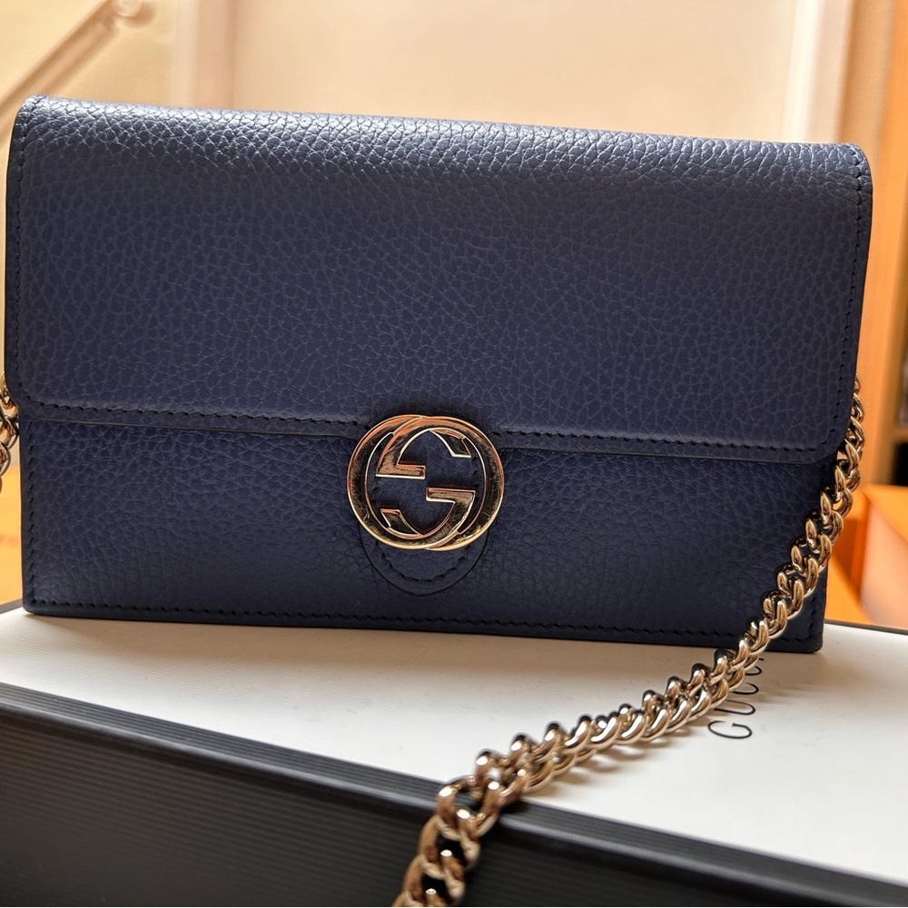 Gucci Blue Leather Clutch with Gold Chain